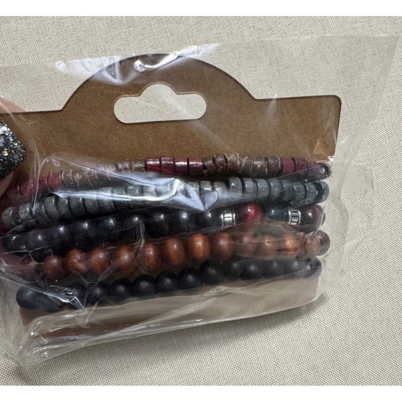 Mens Beaded Bracelet‎ Set Stackable Boho Wooden Style 5 Piece - Picture 3 of 7